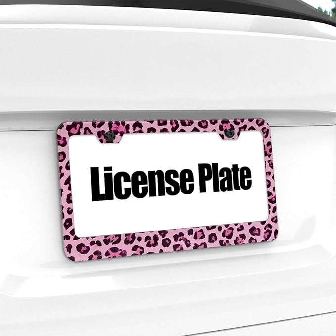Pink Leopard & Cheetah Print License Plate Frame - Wild Animal Print Design License Plate Holder，Stylish Aluminum Front/Rear Car Tag Cover with Screws，Decorative for US Vehicle Standard for Women Men