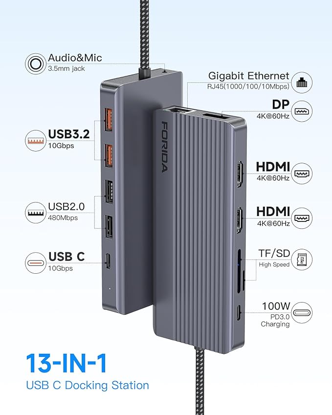 Docking Station Triple Monitors, 13 in 1 USB C Dock with Dual 4k@60HZ HDMI, DisplayPort,100W PD, 3 USB 3.2 Ports, Ethernet, SD TF Card Reader, Audio, USB C Data Port for MacBook/Dell/HP/Lenovo Laptop