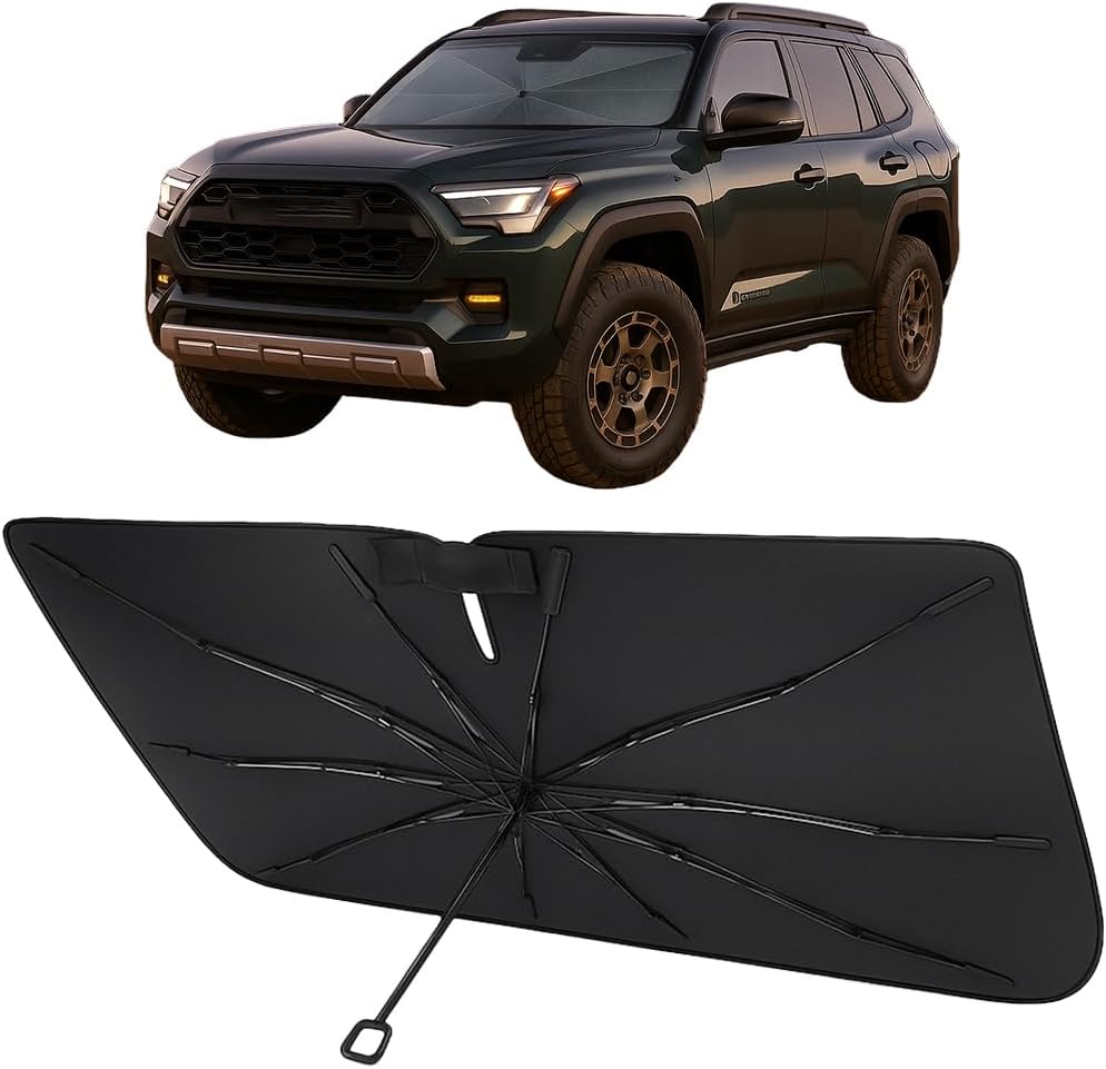 Proadsy Windshield Sun Shade Umbrella for Toyota 4Runner 2010-2024 Foldable Car Umbrella Sunshade with Soft TPU Handle Spring Structure Crystal Cooling Material Protect Car from Rays & Heat