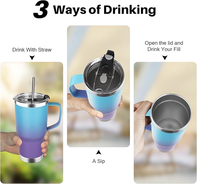 20 oz Tumbler with Handle, Stainless Steel Insulated Tumbler with Lid and Straw, Double Wall Vacuum Coffee Mug Tumbler, Insulated Coffee Thermal Cup for Cold and Hot（Blue Purple）