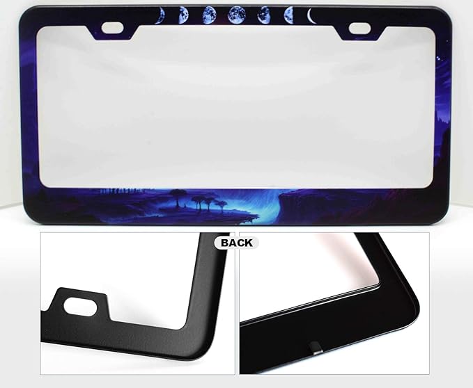 2pcs Moon Phase License Plate Frame for Women, Mysterious Planet car tag Frames Girly for Vehicle with Non Adhesive Electrostatic Sticker