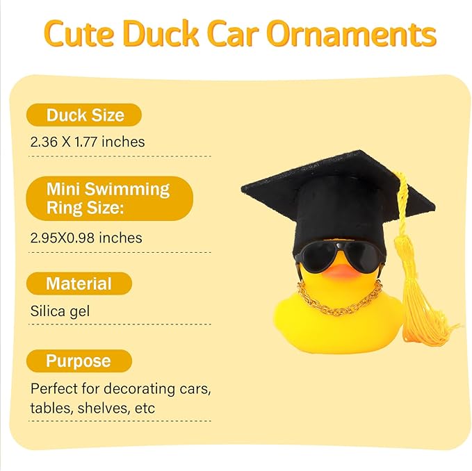 wonuu Car Dashboard Decor Graduation Hat Rubber Duck, Car Ducks Ornaments with Mini Hat Necklace Sunglasses Scarf (Yellow)