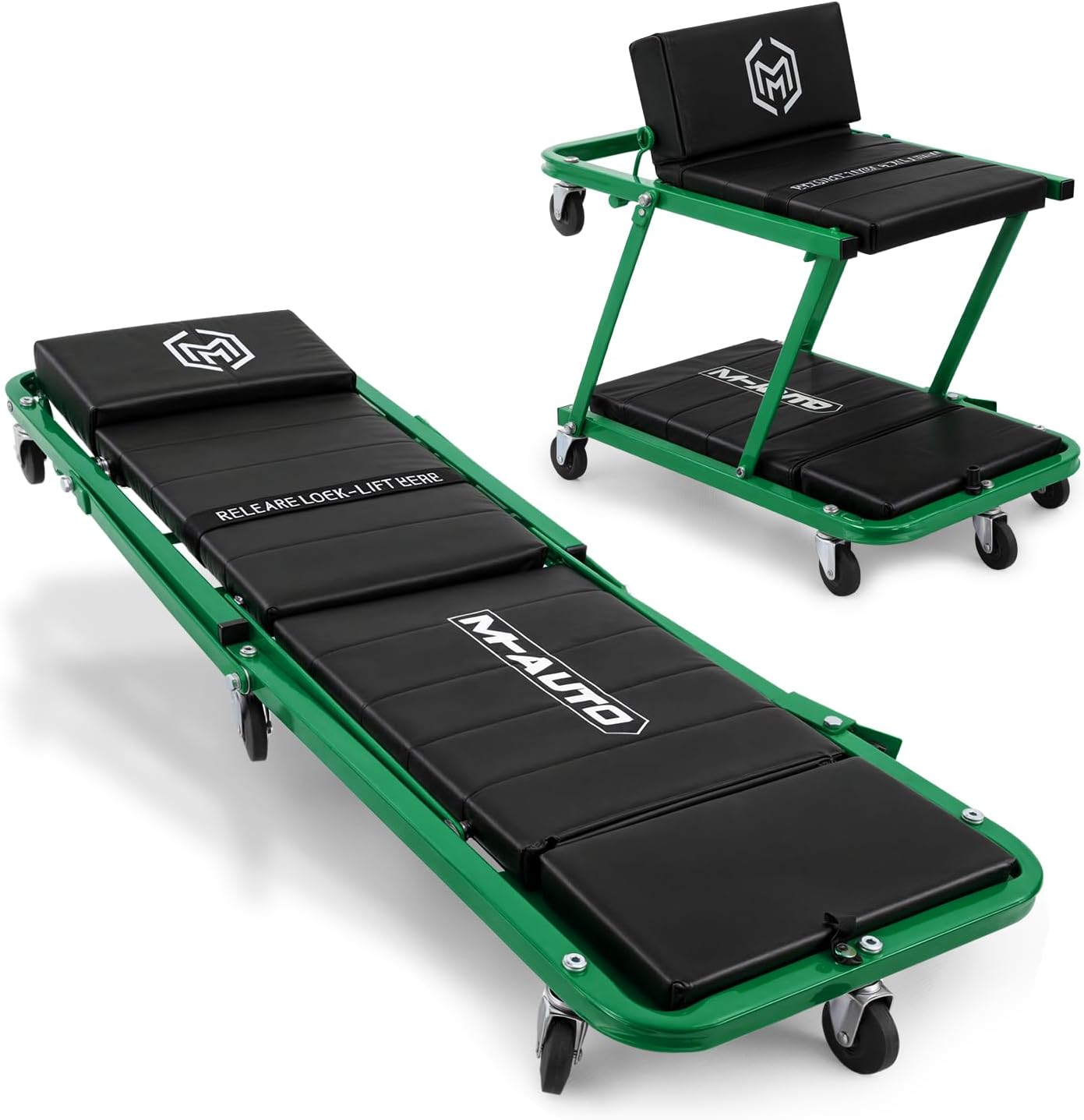 M-AUTO Heavy-Duty Convertible Mechanic Creeper, Z-Creeper 2-in-1 Creeper and Seat 48" Padded Adjustable Headrest Roller Garage Chair with 7 Swivel Casters for Washing, Detailing, Maintenance, Green