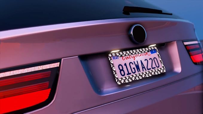 2PCS Halloween Cute Ghost Pattern License Plate Frames for Men Women - Universal Aluminum Stainless Steel Personalized Car Tag Covers Holder with Screws, Caps, Rattle Proof Pads and Handlebar Stickers