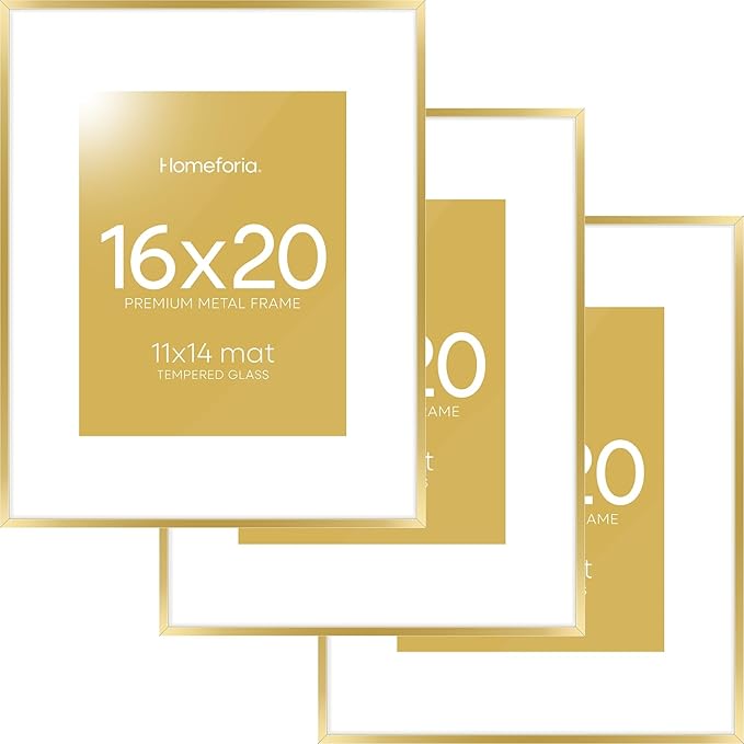 Homeforia 16 x 20 Picture Frame Gold, High End Metal 16x20 Poster Frames with Mat 11x14 Photo, 16 x 20 Gold Frame Matted to 11 by 14 Print, 20x16 Thin Hanging Frame, Tempered Glass, Wall Kit, Set of 3