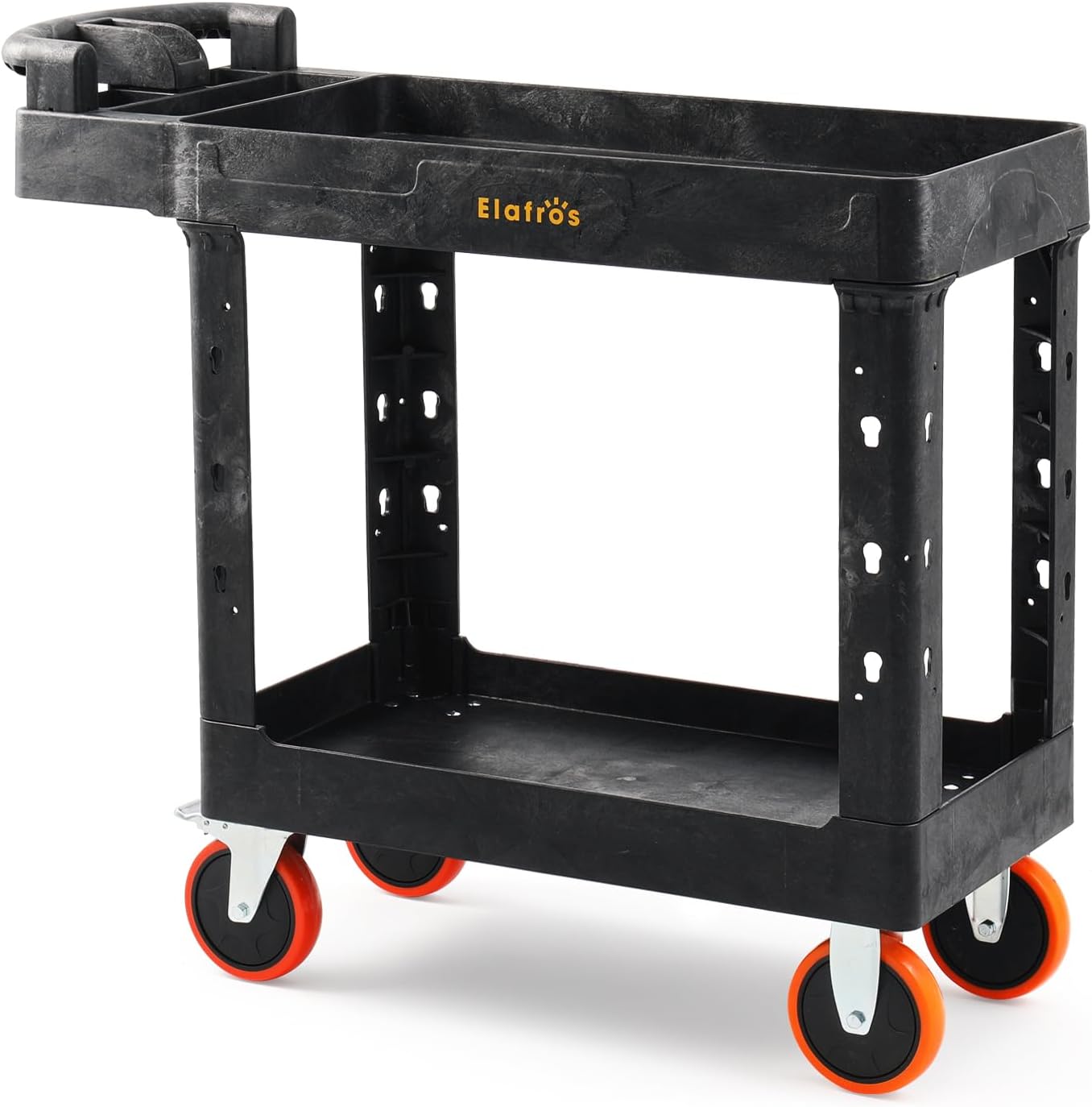 ELAFROS Heavy Duty Plastic Utility Cart 41.3 x 17 Inch - Ergonomic Handle Work Cart Storage W/Deep Shelves and 2 Fixed 2 Swivel Wheels Safely Holds up to 550 lbs - 2 Tier Service Cart with 6" Wheels