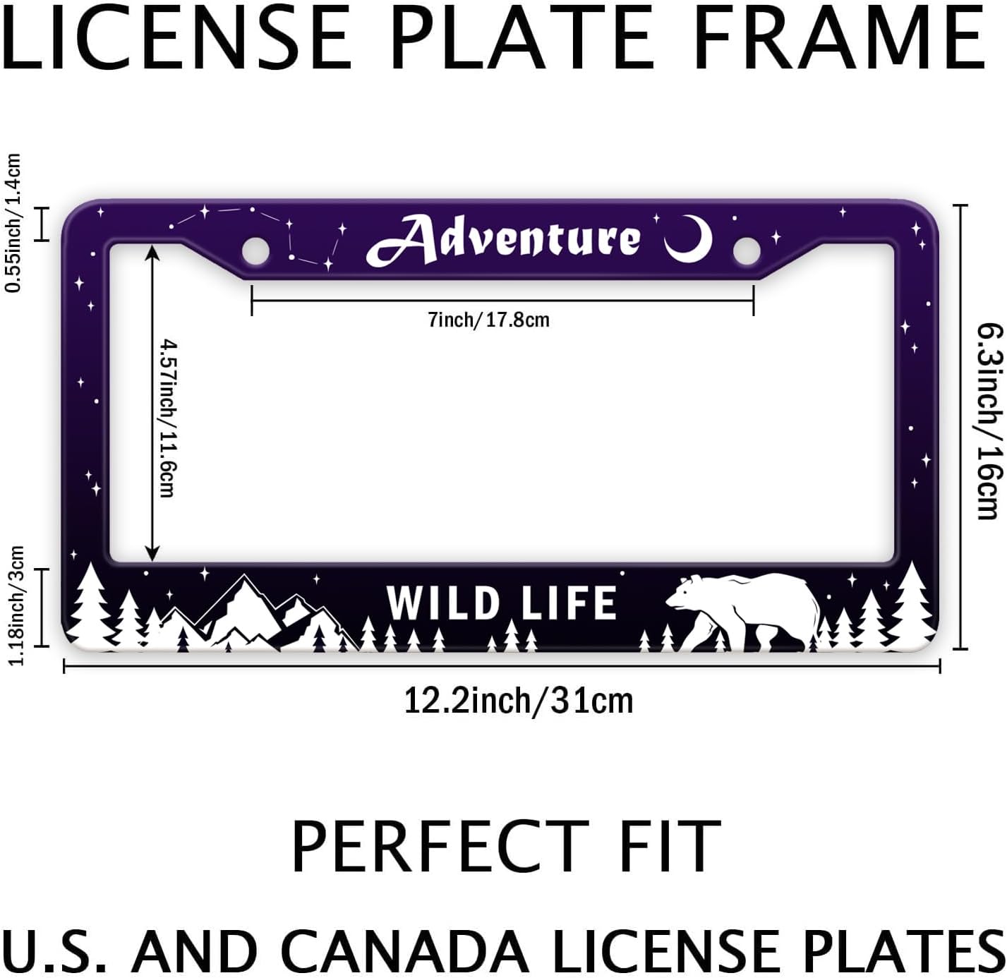 Adventure Awaist License Plate Frame, Mountains Forest Bear Tag Plate Frame Holder Cover, Metal Aluminum Rustproof Car Accessories with Screw Caps, Great Gift for Hiking Outdoor Sports Enthusiasts