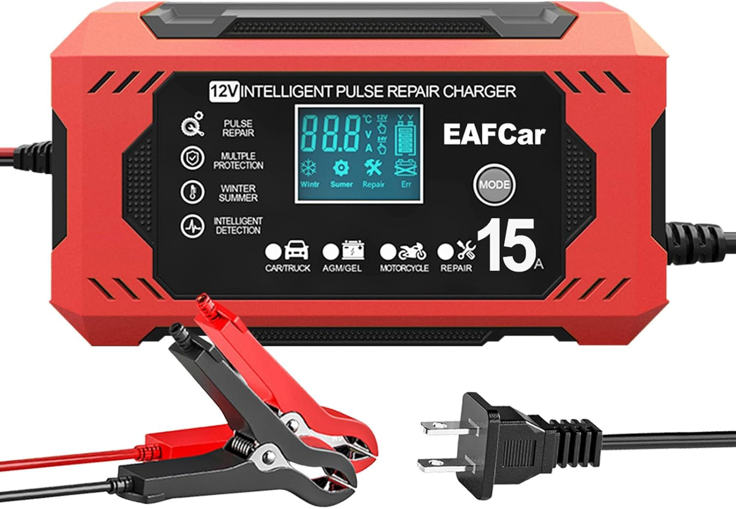 15-Amp Battery Charger, 12V Trickle Charger Car Battery Charger, Smart Automatic Lead Acid Charging with Temperature Compensation for Car Truck Lawn Mower Boat Marine(15A)