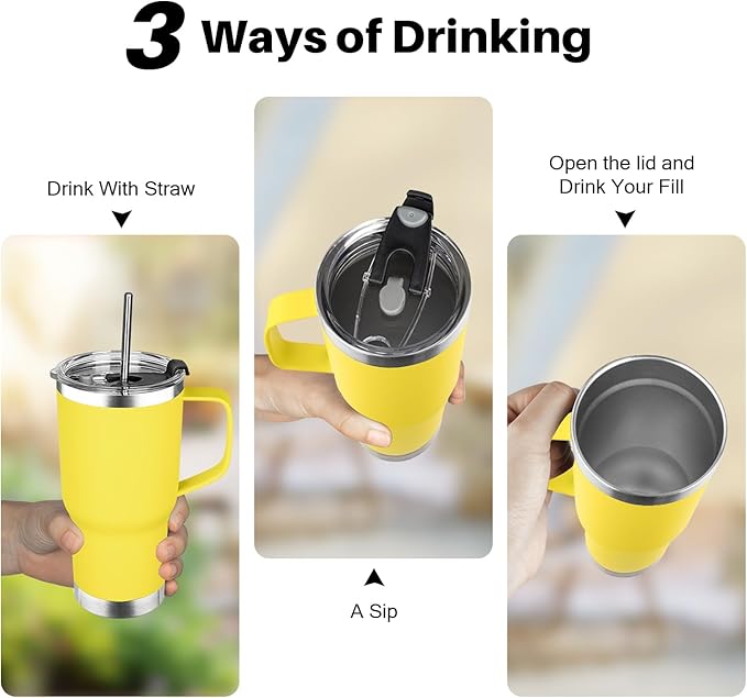 20 oz Stainless Steel Tumbler with Handle, Double Wall Vacuum Insulated Coffee Mug Tumbler with Lid and Straw, Thermal Cup for Cold and Hot (Yellow)