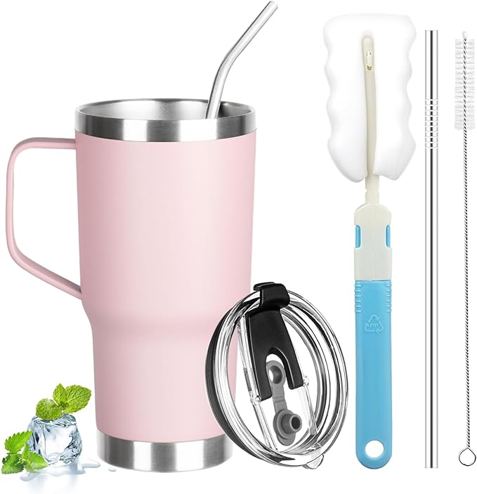 20 oz Tumbler with Handle, Stainless Steel Insulated Tumbler with Lid and Straw, Double Wall Vacuum Insulated Coffee Mug Tumbler, Insulated Coffee Thermal Cup for Cold and Hot (Pink)