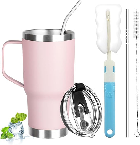 20 oz Tumbler with Handle, Stainless Steel Insulated Tumbler with Lid and Straw, Double Wall Vacuum Insulated Coffee Mug Tumbler, Insulated Coffee Thermal Cup for Cold and Hot (Pink)