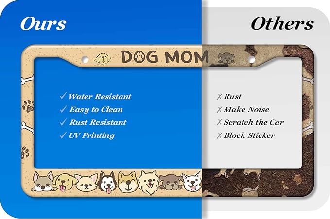 2PCS Yellow Dog Mom Pattern License Plate Frames for Men Women - Universal Aluminum Stainless Steel Car Pet Personalized Tag Covers Holder with Screws, Caps, Rattle Proof Pads and Handlebar Stickers