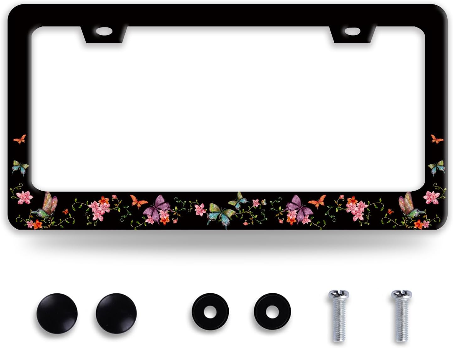 Colorful Butterfly License Plate Frame Beautiful Butterflies Flowers License Plate Holder Funny Stainless Steel Accessories Cars Decor with 2 Holes and Screws Fits Standard Us Ca Vehicles 12.2 X 6 in