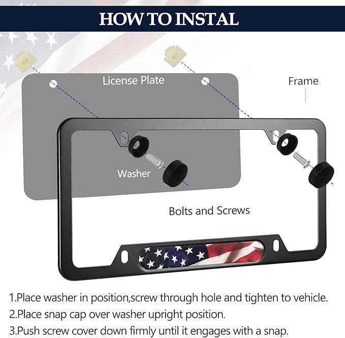 American Flag License Plate Frames - 2 Pack Patriotic Aluminum Metal Flying US Flag Car Tag Plate Frame Holder Covers with 4 Fluttering Flag Car Valve Caps and Screws