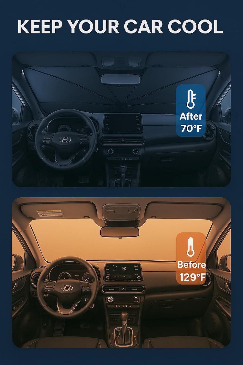 Proadsy Windshield Sun Shade Umbrella for Hyundai Kona 2018-2023 Foldable Car Umbrella Sunshade with Soft TPU Handle Spring Structure Crystal Cooling Material Protect Car from Rays & Heat