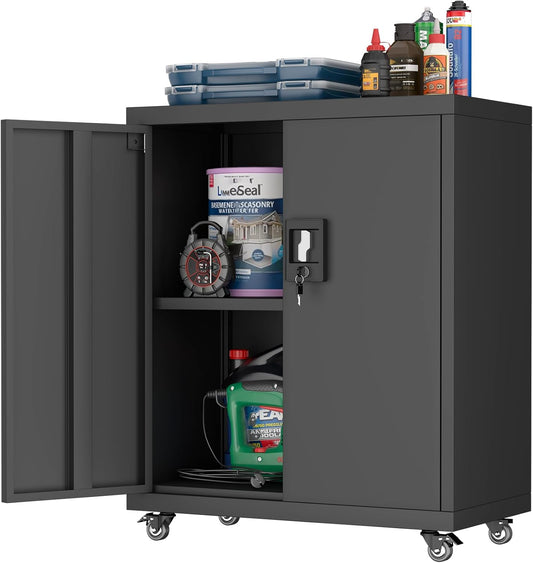 LUCYPAL Metal Storage Cabinet with Locking Doors and Wheels,Garage Storage Cabinets with 1 Adjustable Shelf for Home Office,Steel Counter Cabinet for Office,Garage,Kitchen,Black
