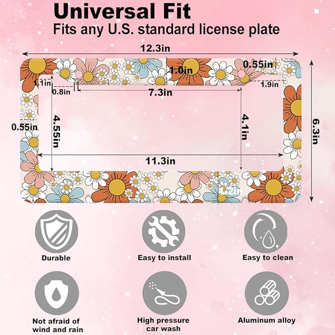 2pcs Colorful Dasiy Floral License Plate Frame for Women,Orange Floral car Decorative tag Frames Girly,Vintage Dasiy Flowers Plant Theme License Plate Cover Holder for Vehicle with car tag Keychain