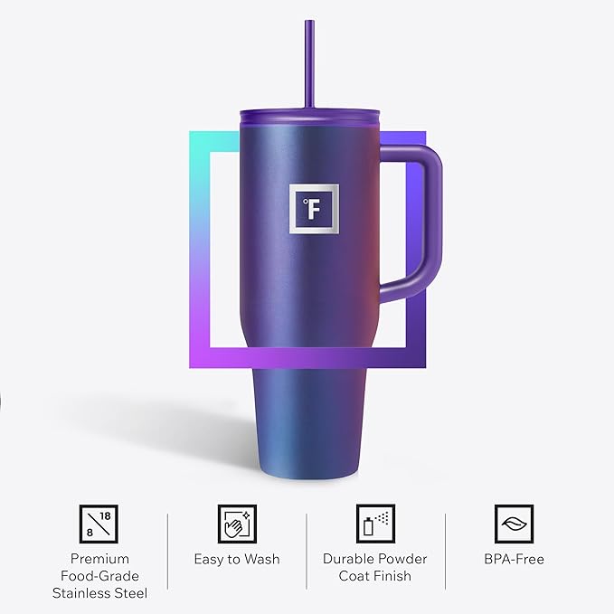 IRON °FLASK Co-Pilot Insulated Mug w/Straw & Flip Cap Lids - Cup Holder Bottle for Hot, Cold Drink - Leak-Proof - Water, Coffee Portable Travel Mug - Sage Grove, 40 Oz