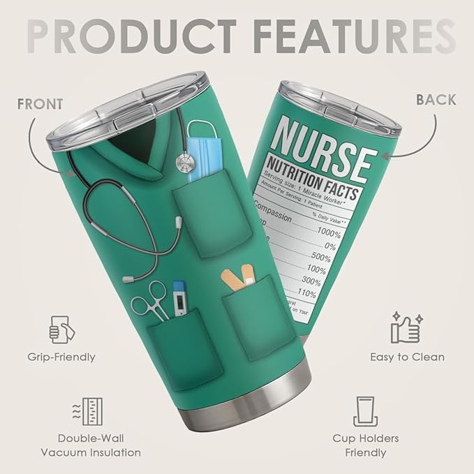 SANDJEST Nurse Tumbler Cup - Nutritional Facts Travel Coffee Mug Gift - 20oz Tumblers Nurse Gifts for Birthday, Christmas, Appreciation Week, Nursing School Graduation for Nurses, Practitioners
