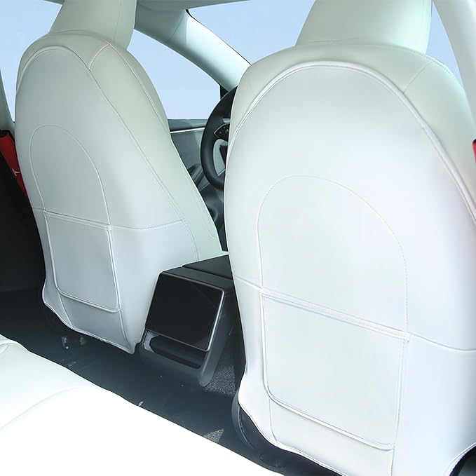 Leather Seat Back Protector for Tesla Model Y 2025 2026 Juniper & Y 3 S X Seat Cover Accessories for Kid Kick Mat（White