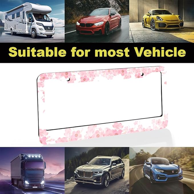 2pcs Pink Cherry Blossom Floral License Plate Frame for Women,Pink Sakura car Decorative tag Frames Girly,Japanese Cherry Blossom Flower License Plate Cover Holder for Vehicle with car Keychain tag