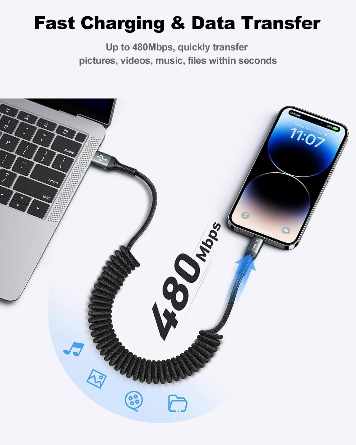 USB to Lightning Cable for Car 6FT, Coiled iPhone Charger Braided Lightning Cable [Apple MFi Certified] Fast Charging Cord Compatible with iPhone 14 Pro/Pro Max/Plus 13 12 11 8 7, iPad AirPods