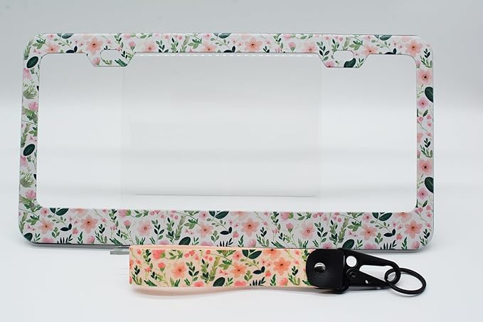 2-Pack Pink Floral License Plate Frames, 2 Holes Pink Flower License Plate Holder for Women Man, Floral and Green Foliage License Plate Cover fits US Vehicles with Keychain Wrist Lanyard