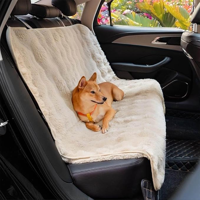 FUNNY FUZZY Fluffy Dog Car Seat Cover for Back Seat (Bench), Water-Resistant with Nonslip Backing,Pet Seat Protector for Cars SUVs Trucks（Beige