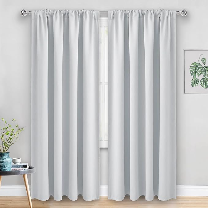 JIUZHEN Curtains for Bedroom - Thermal Insulated Window Treatment Drapes, Room Darkening Rod Pocket Curtains for Living Room, Set of 2 Panels with Tiebacks, 52 x 90 Inch Length, Greyish White