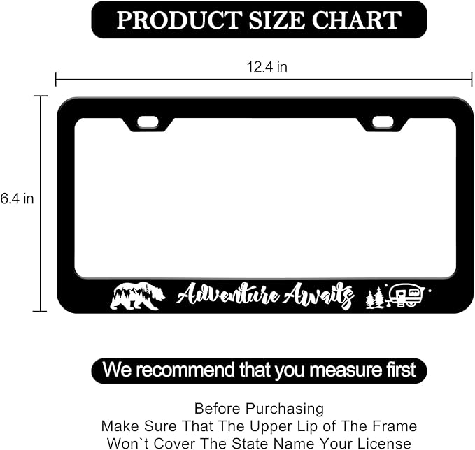 Adventure Awaits License Plate Frames - 2 Pack Mountain Bear Camping Aluminum Metal License Plate Frames Holder, Car Decorative Tag Frames with Screws Fasteners Caps