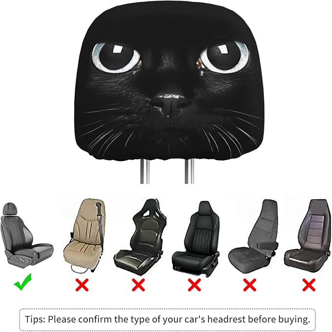 Dujiea 2 Pack Black Cat Car Headrest Covers, Universal Soft Car Seat Head Rest Protector, Vehicle Accessories Fabric Headrest Cover for Cars Vans Trucks