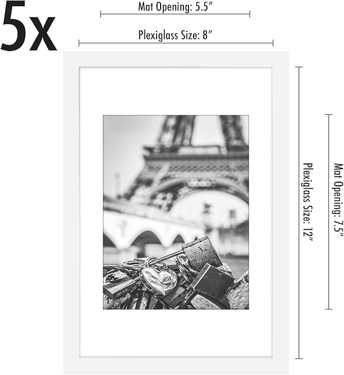 Americanflat 8x12 Picture Frame with Polished Plexiglass - Set of 5 - Use as 6x8 Frame with Mat or Display 8x12 Photo Without Mat - Galleria Collection - Picture Frames for Wall Display - White