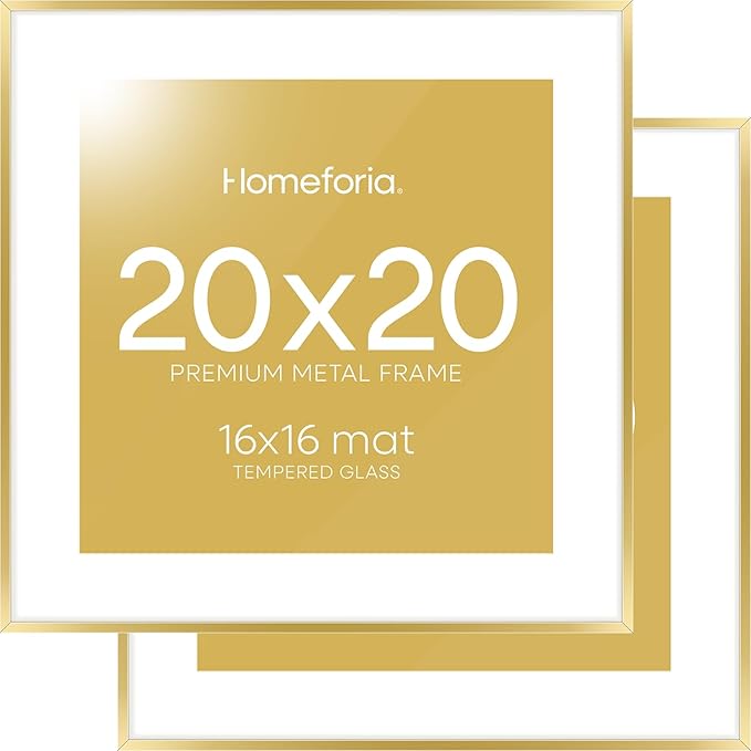 Homeforia 20x20 Picture Frame Gold, High End Metal 20 x 20 Square Poster Frame with Mat 16 x 16 Photo, 20x20 Frame Matted to 16x16 Print, 20by20 Gold Hanging Frames, Tempered Glass, Wall Kit, Set of 2