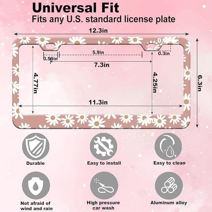 2pcs Pink Daisy Floral Aluminum License Plate Frame for Women, Daisies Flowers car Decorative tag Frames Girly, Retro Daisies License Plate Cover Holder for Vehicle with Double Sided car Keychain tag