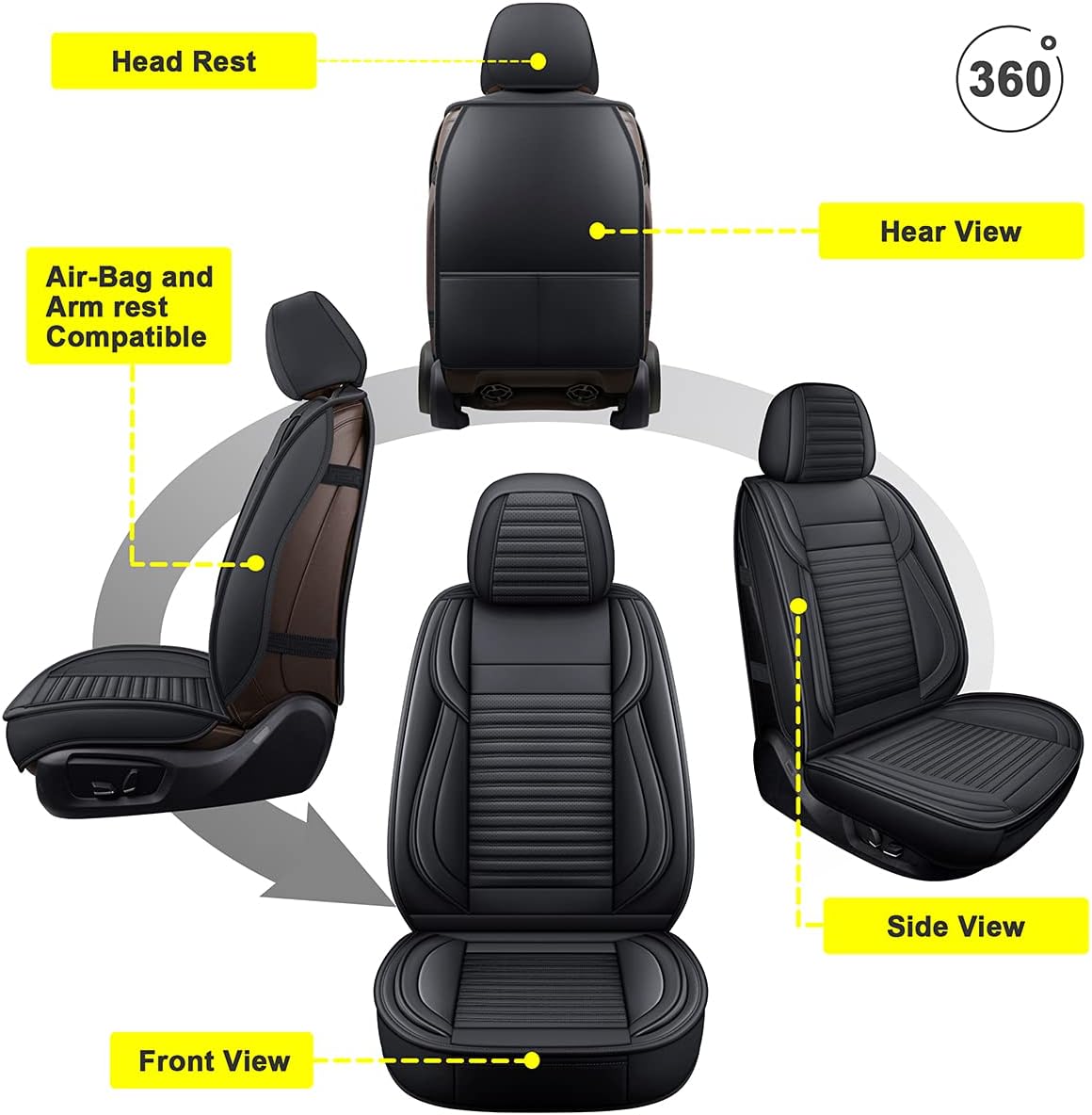 LINGVIDO Car Seat Covers, Breathable and Waterproof Faux Leather Automotive Seat Covers for Cars SUV Truck Sedan,Universal Anti-Slip Driver Seat Cover with Backrest (Front Seat, Black)