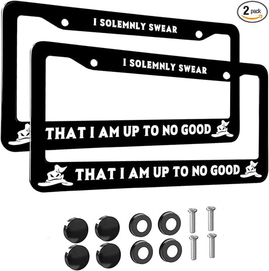 2pcs I Solemnly Swear That I Am Up to No Good License Plate Frame for Women, Funny car Decorative tag Frames Girly, License Plate Cover Holder for Most us Vehicle