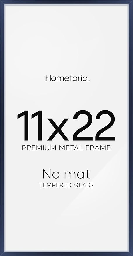 Homeforia 11x22 Newspaper Frame Navy Blue, High End Metal 11 x 22 Picture Frame without Mat, 22x11 Thin Navy Blue Poster Frames for Wall, 11by22 Display Photo Frame, Tempered Glass, Wall Kit, Set of 1