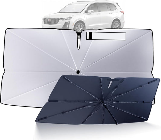 Windshield Sun Shade Umbrella for 2020-2025 Cadillac XT6 Accessories: Custom Fit 210T Silver, Foldable Sunshade Front Window Sun Visor, Blocks UV Rays, Keeps Car Cool for Luxury, Premium, Sport