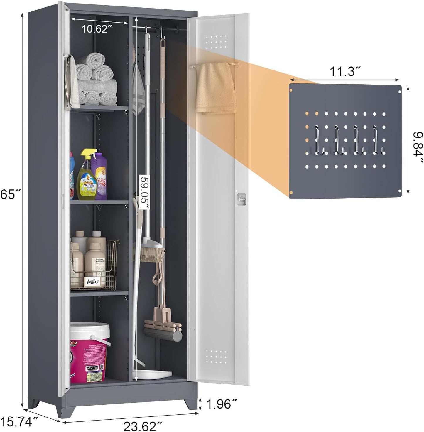 Metal Cabinets with Doors and Adjustable Shelves, 65" H Lockable Storage Cabinet, Grey-White Utility Cabinet for Brooms and Mops for Home,Kitchen,Garage