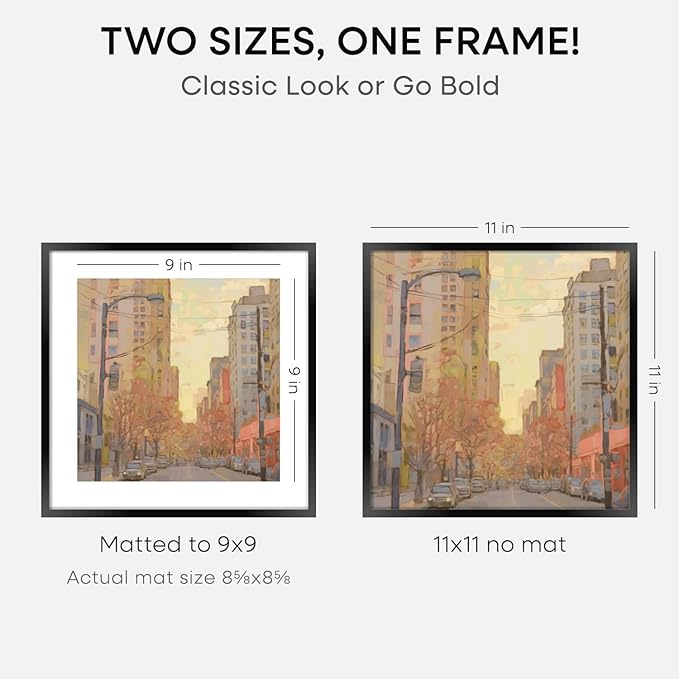 Homeforia 11x11 Picture Frame Black, High End Metal 11 by 11 Square Frames with Mat 9 x 9 Opening, 11by11 Poster Frames Matted to 9x9 inch Photo, Wall Hanging Frame, Tempered Glass, Wall Kit, Set of 2