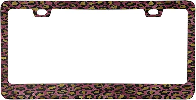 Pink Gold Leopard Pattern License Plate Frame Cover, Matte White Powder Coated Stainless Steel, Animal Print Auto Car Tag Frame with 2 Holes & Free Screws