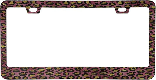 Pink Gold Leopard Pattern License Plate Frame Cover, Matte White Powder Coated Stainless Steel, Animal Print Auto Car Tag Frame with 2 Holes & Free Screws