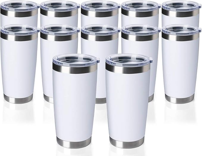 12 pack 20 OZ Double Wall Stainless Steel Vacuum Insulated Tumbler Coffee Travel Mug With Lid, Durable Powder Coated Insulated Coffee Cup for Cold & Hot Drinks (White, 12 pack)
