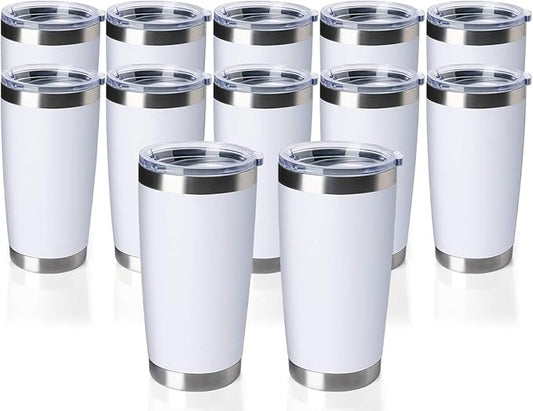 12 pack 20 OZ Double Wall Stainless Steel Vacuum Insulated Tumbler Coffee Travel Mug With Lid, Durable Powder Coated Insulated Coffee Cup for Cold & Hot Drinks (White, 12 pack)
