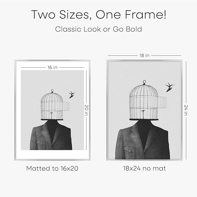 Homeforia 18x24 Poster Frame Silver, High End Metal 18 x 24 Picture Frames with Mat 16 x 20 for Photo, 18x24 Silver Frame Matted to 16x20 Print, 24x18 Hanging Frame, Tempered Glass, Wall Kit, Set of 3