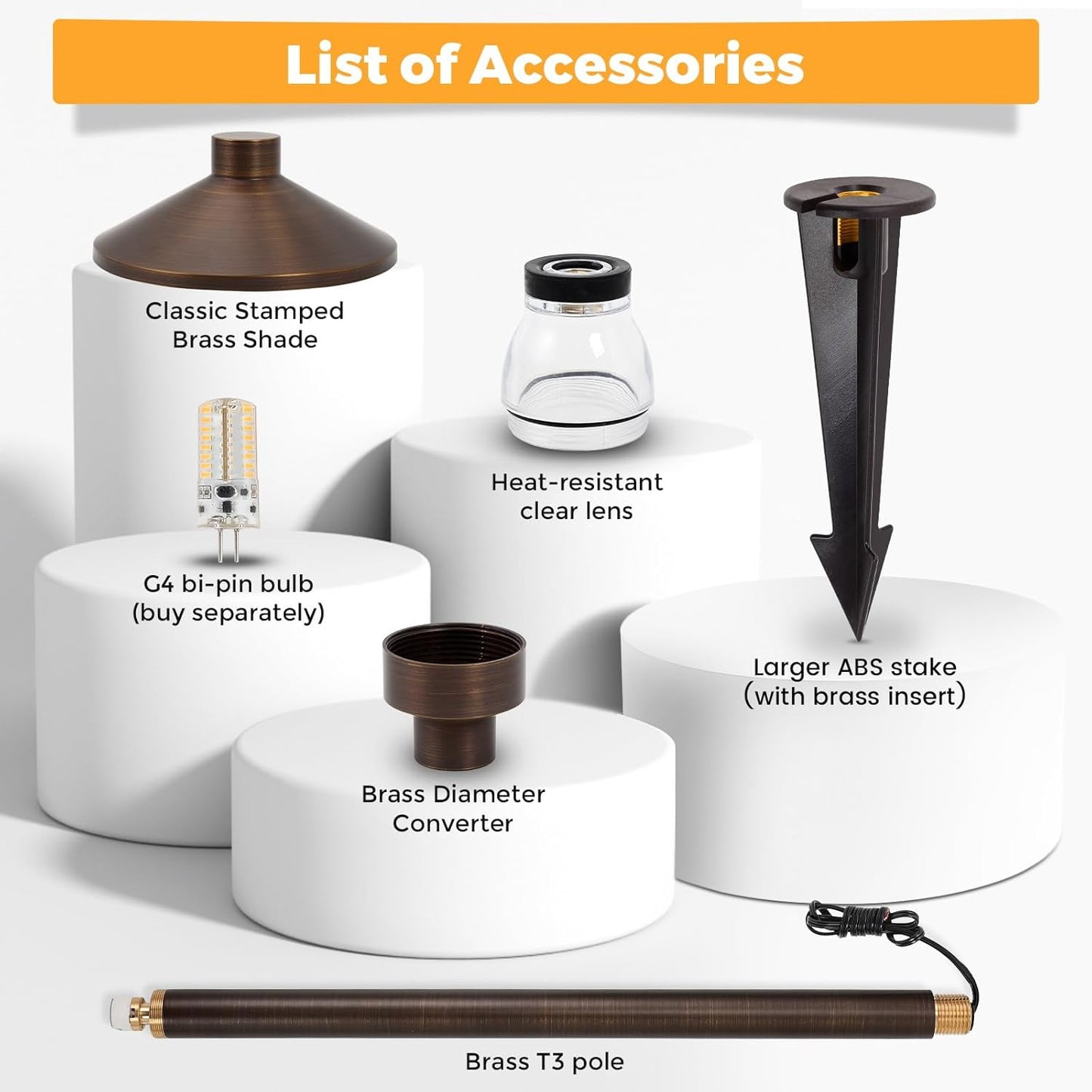 Gardencoin Solid Brass Low Voltage Pathway Lights (6.7'' Shade, 21.9'' Tall), 12V AC/DC Heavy Duty LED Landscape Path Lights Outdoor Wired, Antique Bronze Walkway Lights with Larger Stake, 6-Pack