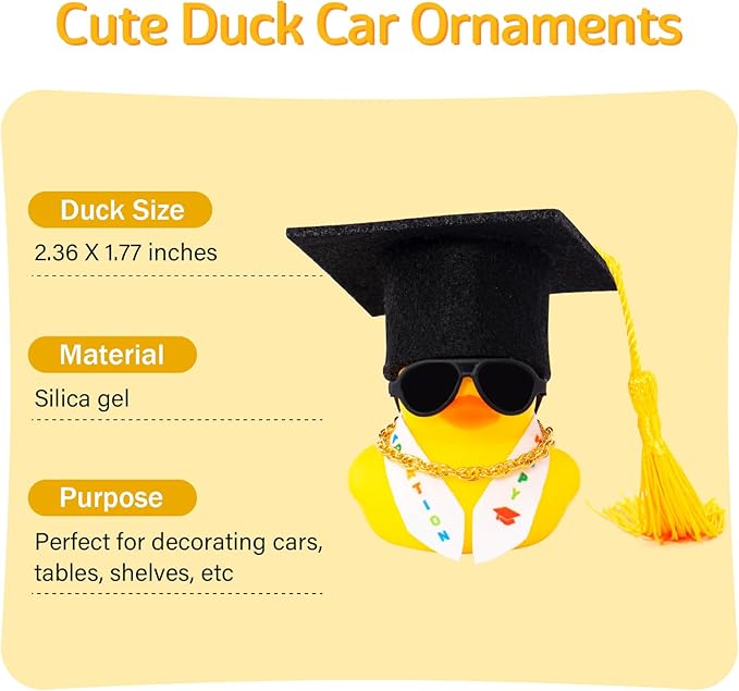 wonuu Graduation Stole Rubber Ducks, Dashboard Decorations Duck for Car Ornament Accessories with Hat Sunglasses Sash Chain (Yellow)