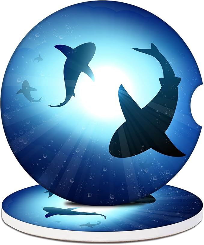 2 Pack Car Cup Holder Coasters - Blue Cute Shark Absorbent Ceramic Coaster, Car Coasters for Cup Holders, Car Interior Accessories for Women Men