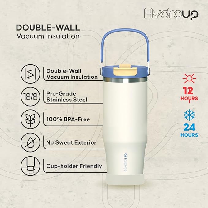 Sport Tumbler 32oz Stainless Steel Water Bottle, Vacuum Insulated with 2-in-1 Lid (Straw & Spout), Leak-Proof Reusable Travel Mug for Hot and Cold Drinks