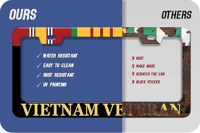 1PCS Vietnam Veteran License Plate Frame Holder - USA Stars and Stripes Auto Universal Aluminum Matte Car Tag Holder Covers with Sticker & Screws for Men